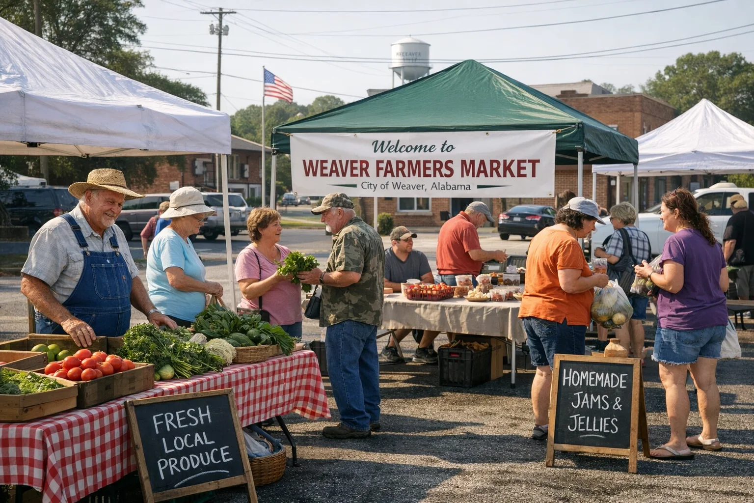 A single folding table covered with a few piles of vegetables — tomatoes, squash, a bunch of green onions. One vendor, a Black woman in her fifties in a sun hat, stands behind the table. The surrounding parking lot is mostly empty. Morning light.