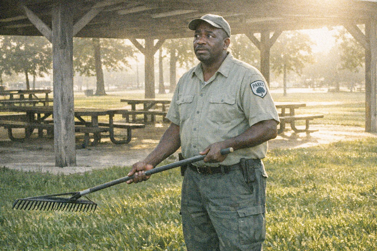 A Anniston parks department worker in a green uniform rakes a section of lush park grass under the MLK Pavilion at Zinn Park. The rake is not picking anything up. He looks confused but calm. The morning light is golden.